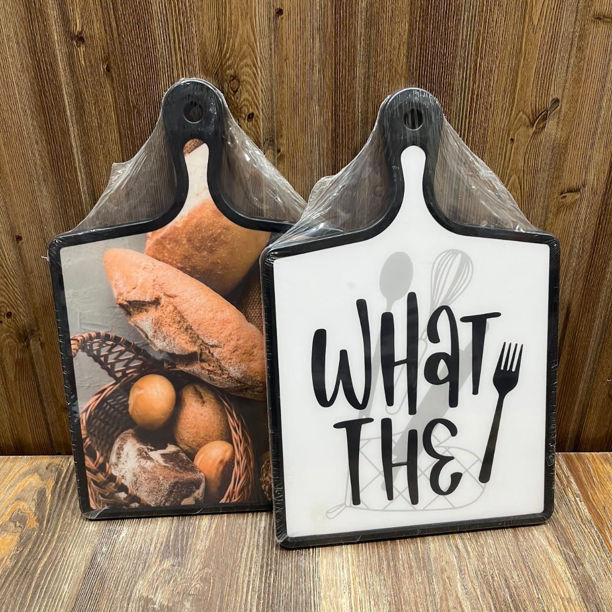 Imported Printed Cutting Board Set (2 Pcs) – 26x26cm Bread Basket & "What The" Design
