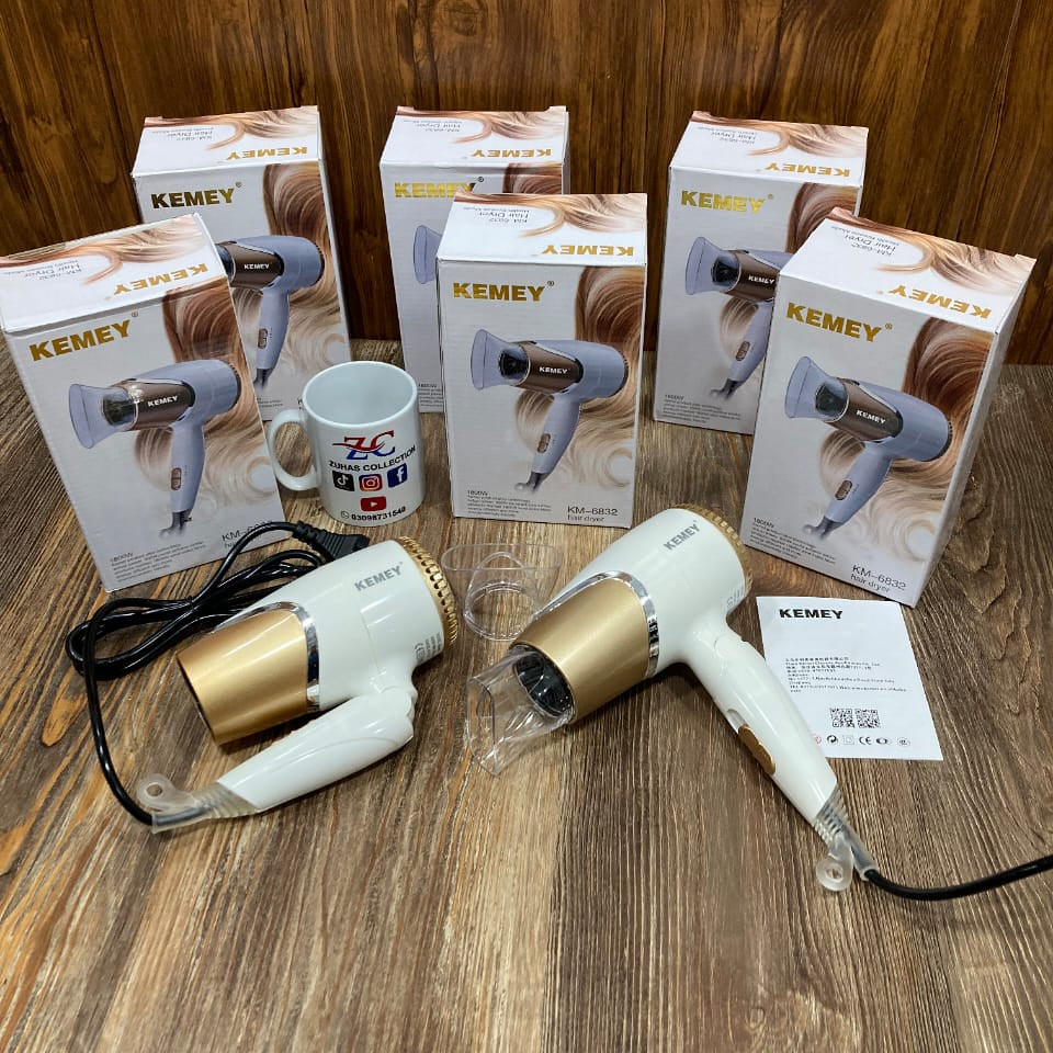 Kemey Foldable Hair Dryer 1800W (White & Gold)