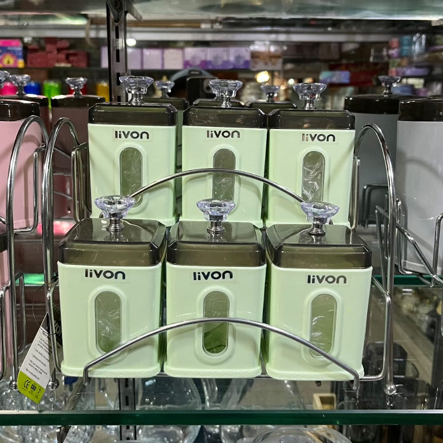 Livon Spice Storage Jar Set with Stand – 6 Square Canisters (Green)