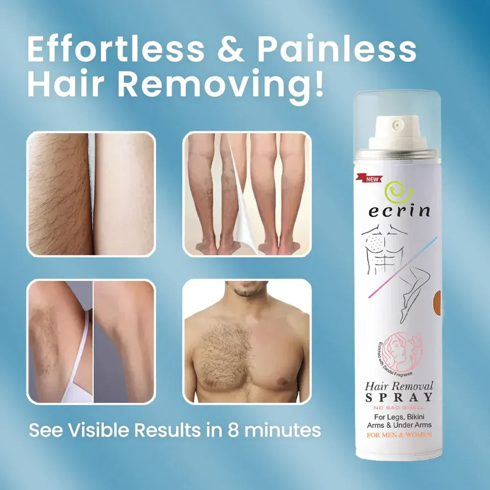 Ecrin Hair Removal Foaming Spray featuring a sandal fragrance, suitable for both men and women.