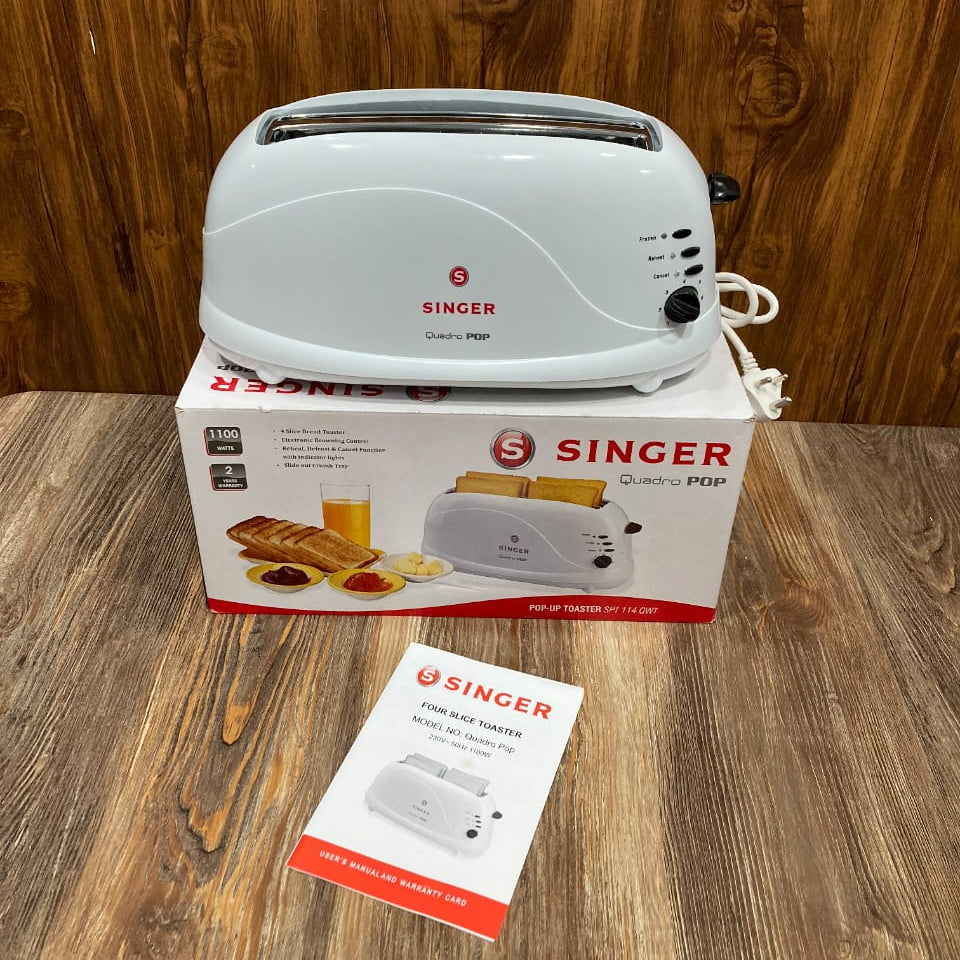Singer Quadro Pop SPT-114 4-Slice Pop-Up Toaster (1100W, White, Electronic Browning Control)