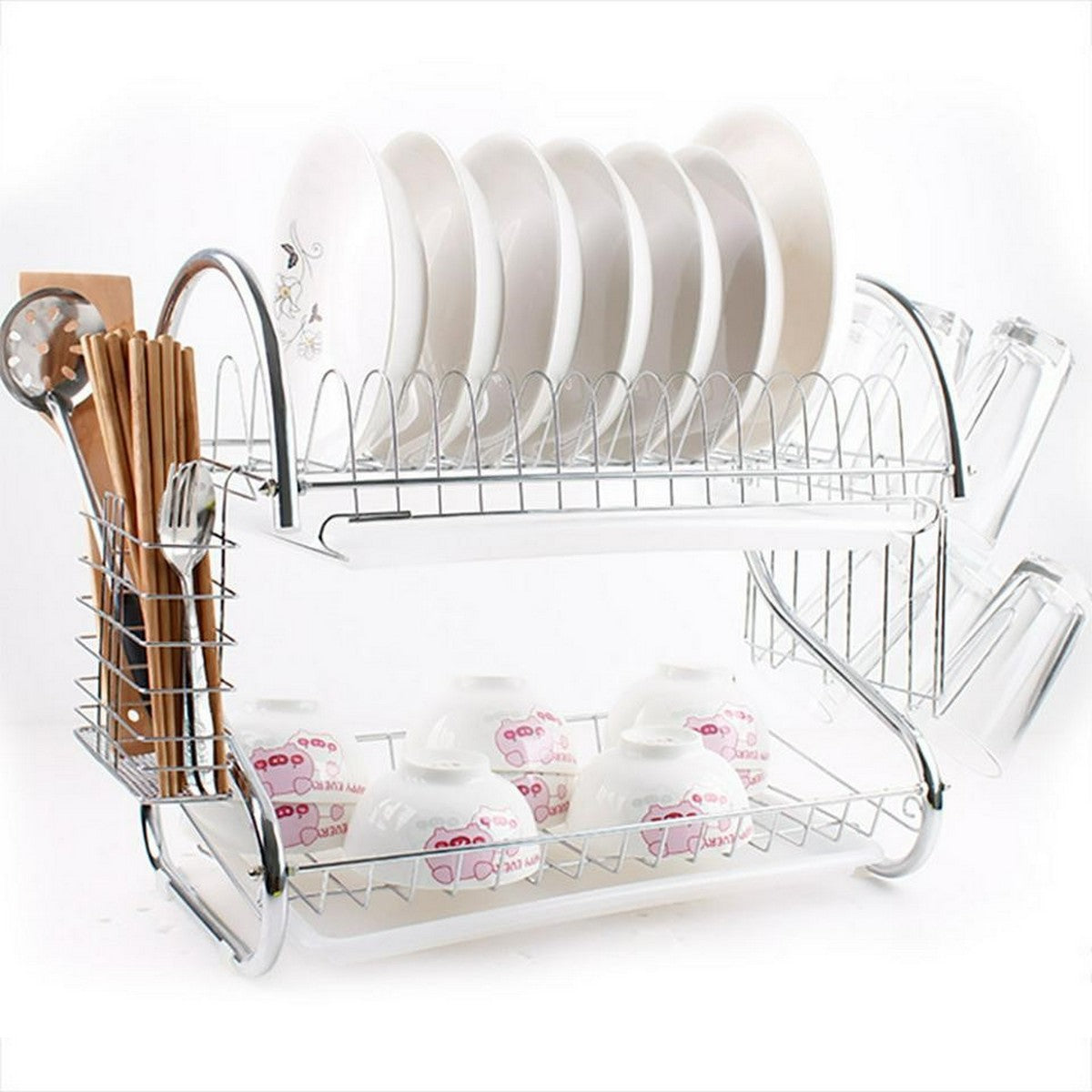 2-Layer Dish Drainer Rack – Chrome-Plated Steel with Drip Tray