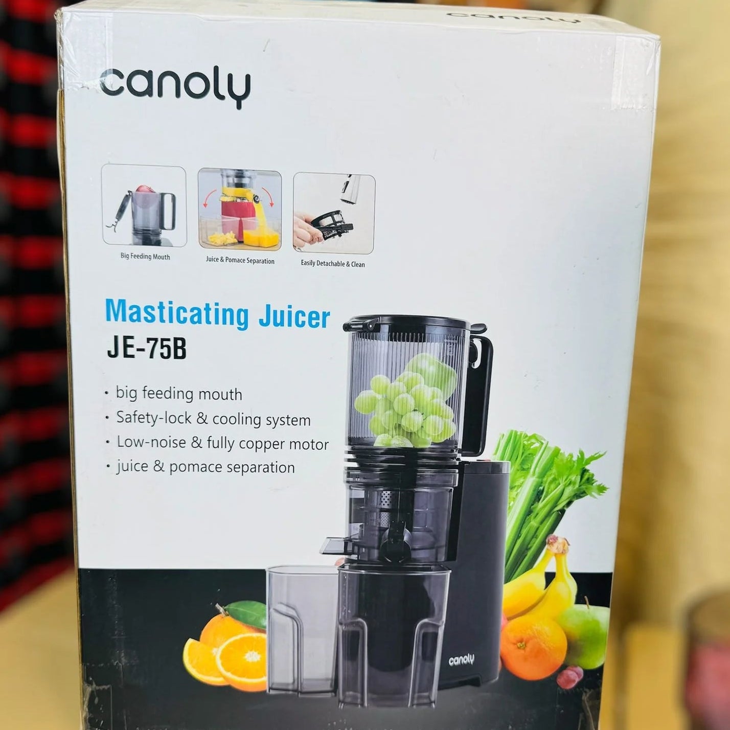 Canoly JE-75B Masticating Juicer – Big Feeding Mouth | Low-Noise Copper Motor | Juice & Pomace Separation