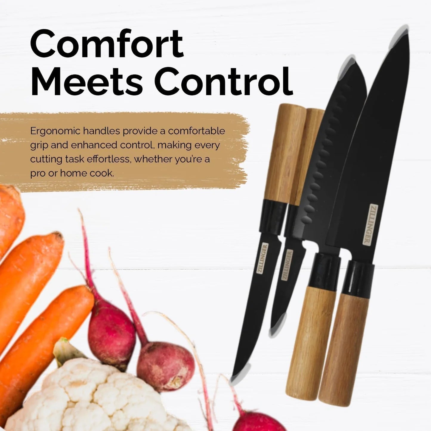 Zillinger Japanese Knife Set 4 Pieces High-carbon stainless steel blades with wooden handles