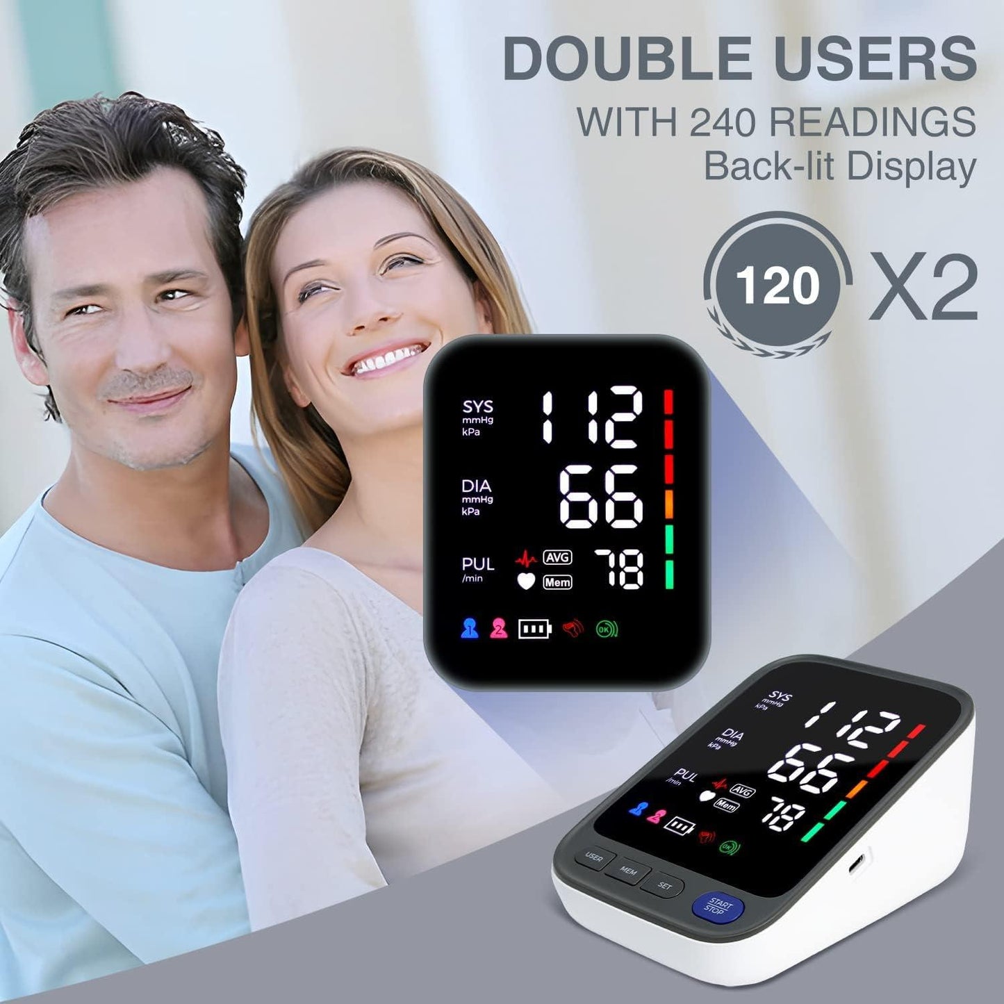 Digital Blood Pressure Monitor with Voice Function - Automatic BP Machine for Upper Arm, Large LCD Display, Bluetooth, and USB Power Supply
