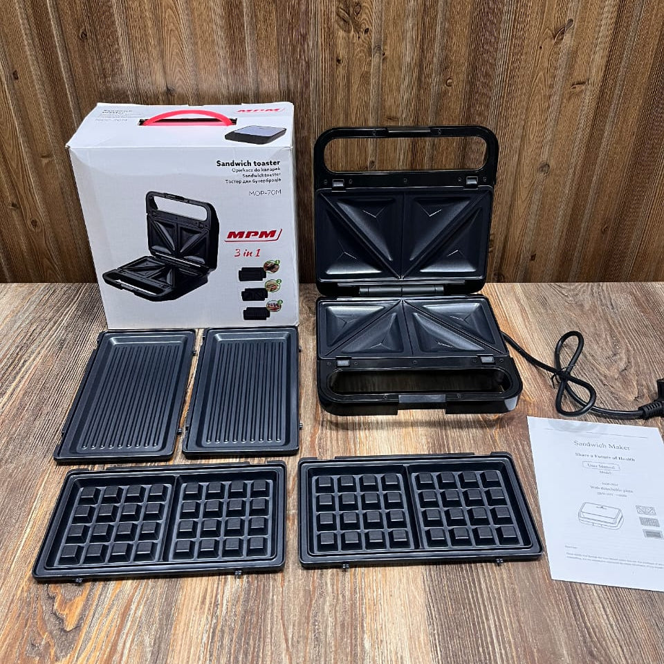MPM MOP-70M 3-in-1 Sandwich Toaster, Grill & Waffle Maker (Complete Set)
