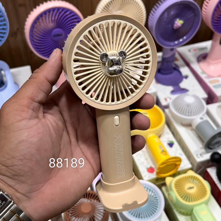 Rechargeable Mini Fan in Beige with a Bear Emblem