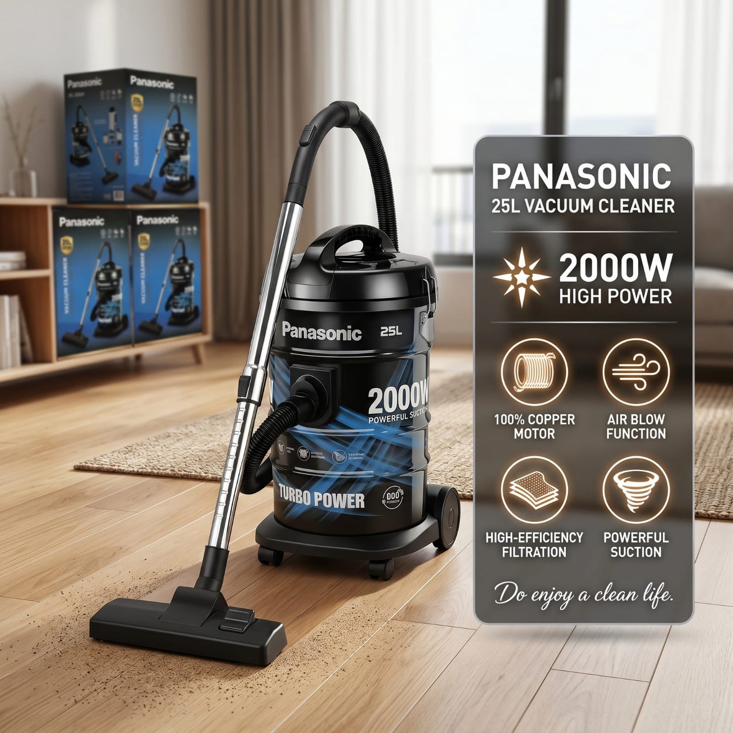 Panasonic 25L Drum Vacuum Cleaner 2000W Heavy Duty Suction & Blower Machine