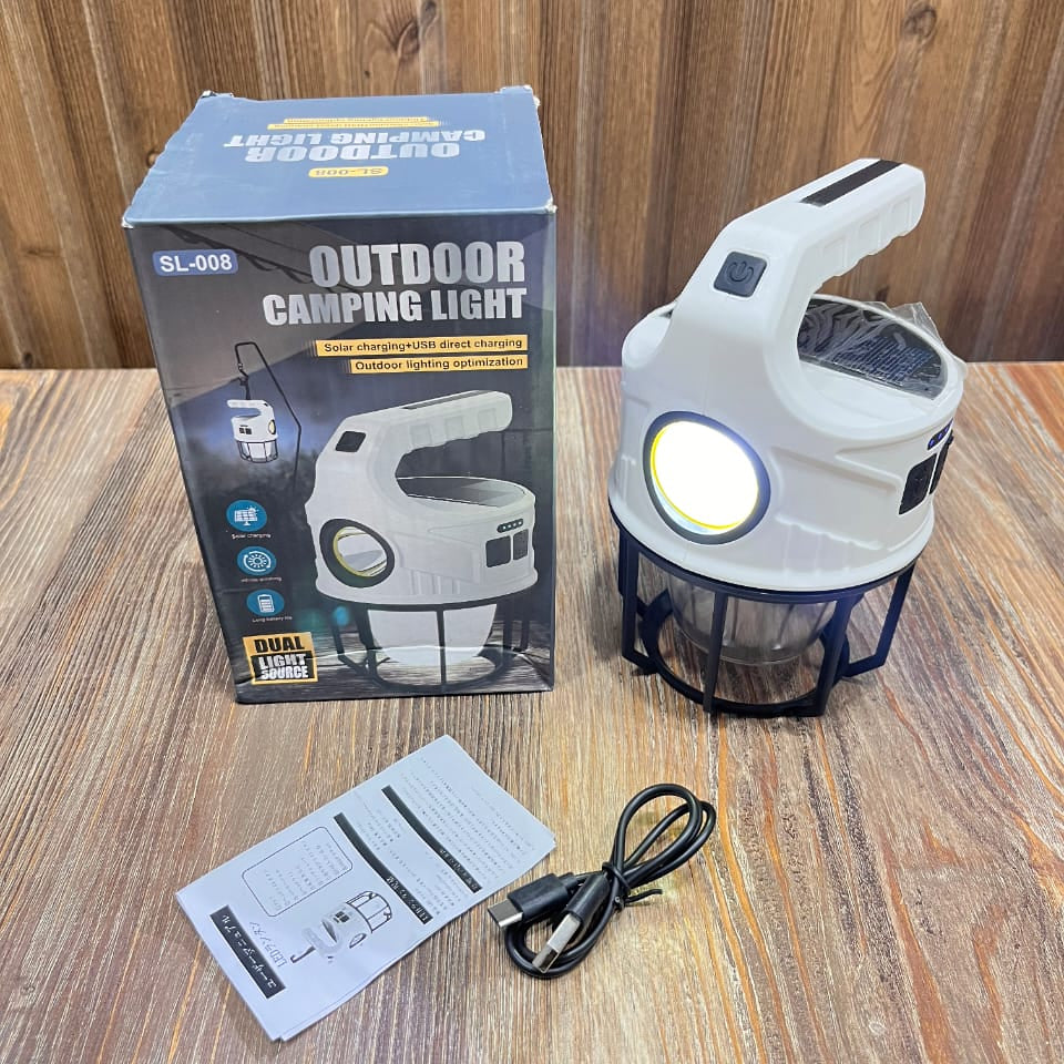 SL-008 Rechargeable LED Camping Lantern – Solar & USB Charging, Built-in Power Bank, Dual Light Source Portable Flashlight for Emergency & Outdoor Night Use