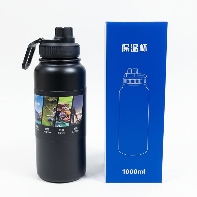 1000ml Vacuum Insulated Stainless Steel Water Bottle - Large Thermal Flask with Leak-Proof Spout Lid & Carry Handle