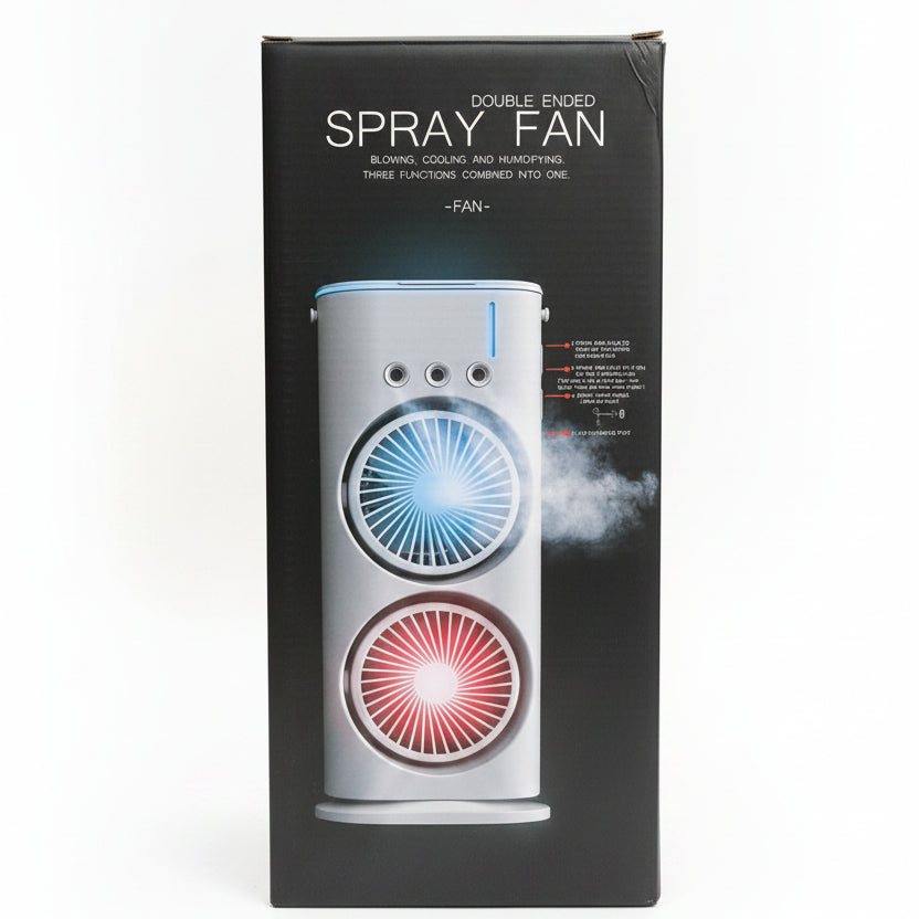 Portable Double-Ended Spray Fan – 3-in-1 Dual Blade Misting Air Cooler & Humidifier with LED Light