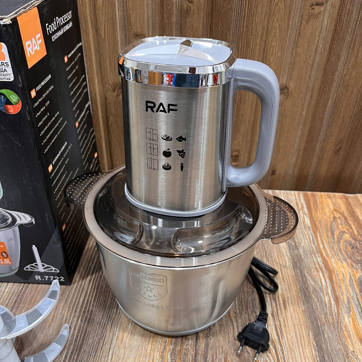 RAF 2-in-1 Food Processor & Meat Mincer – 1200W, 3.0L Stainless Steel Bowl, Six-Blade Spiral Blades