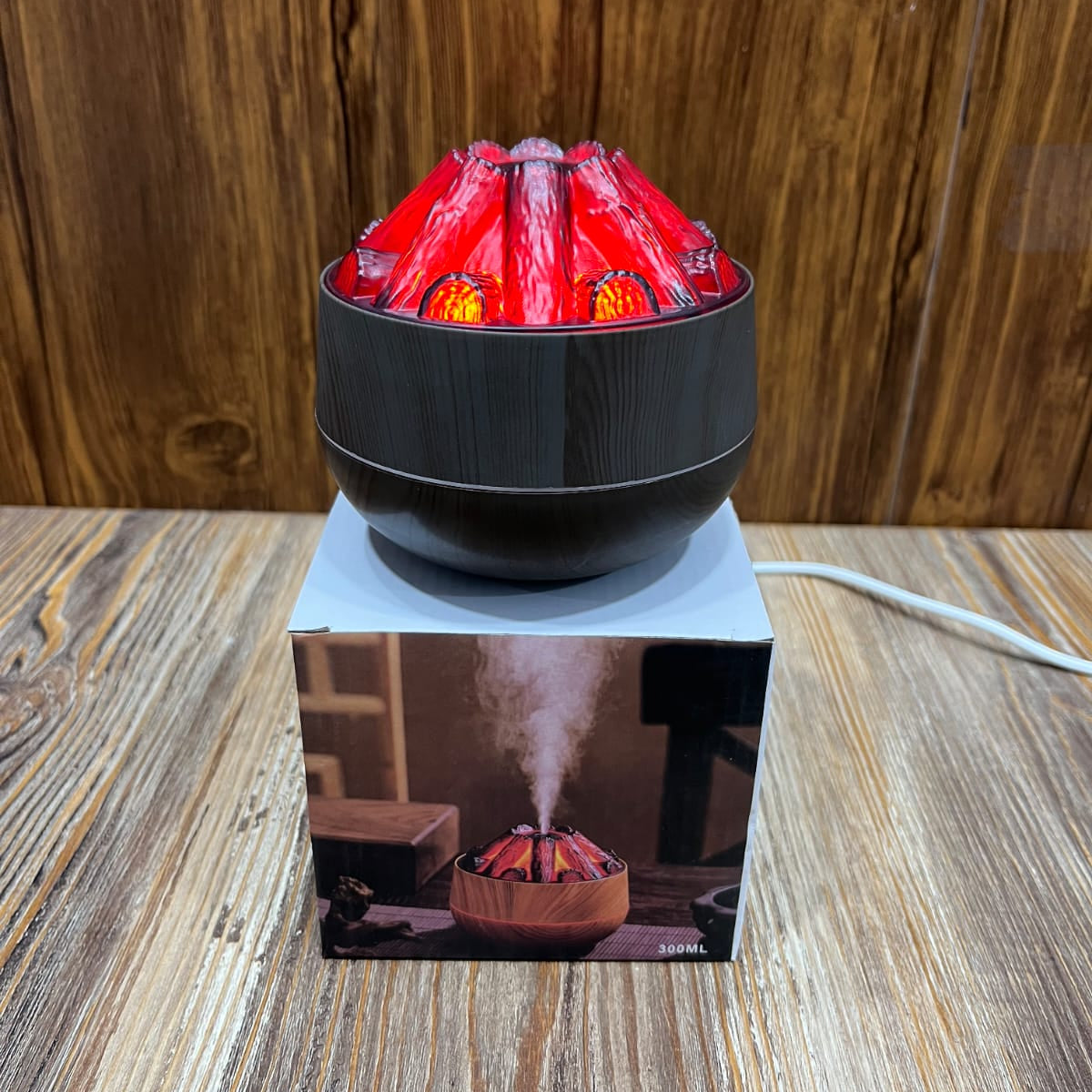 Volcano Flame Aroma Diffuser Humidifier – 300ML Wood Grain Design with Realistic Fire Light Effect