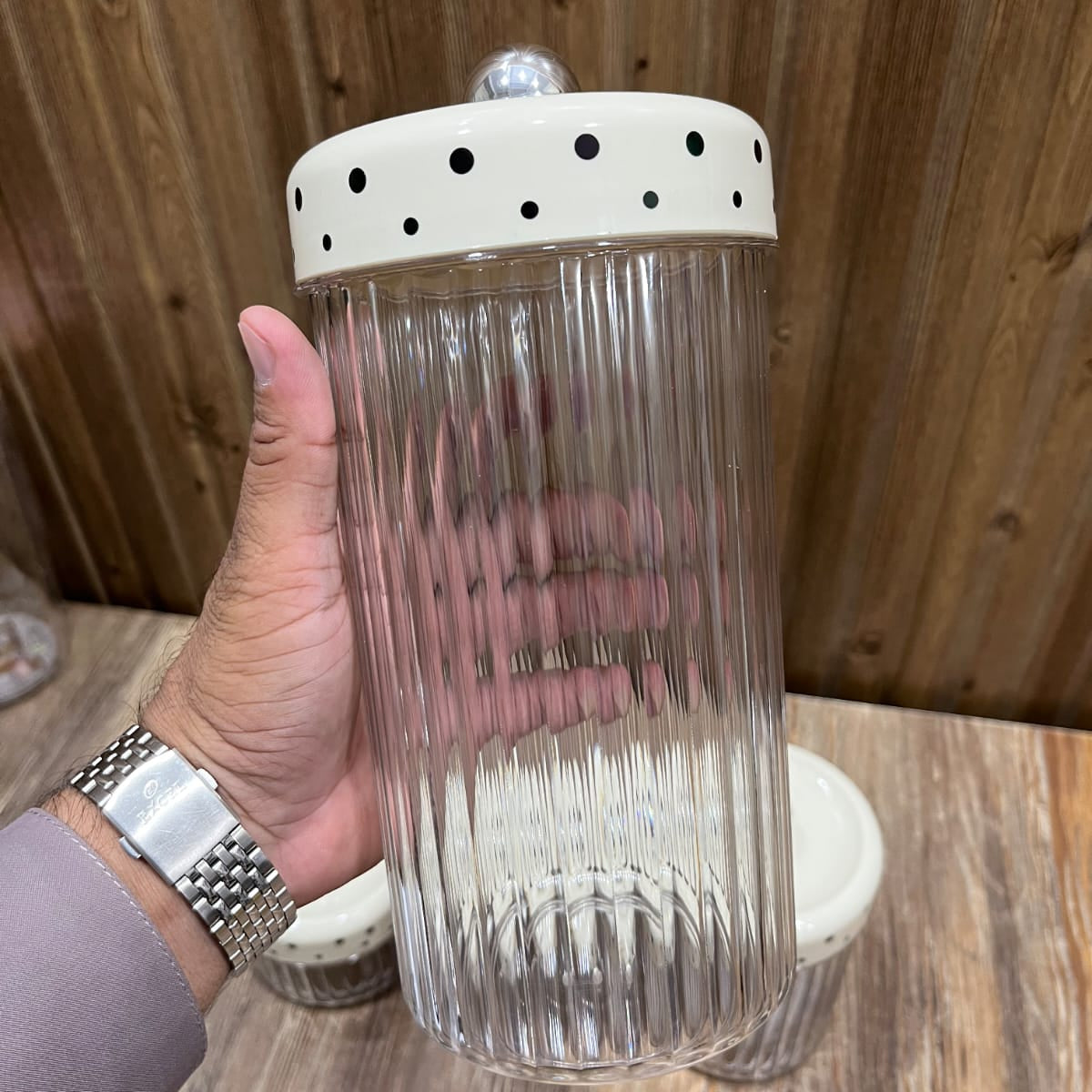 Ribbed Glass Storage Jar Set (4 Pcs) – White Polka Dot Lid Canisters
