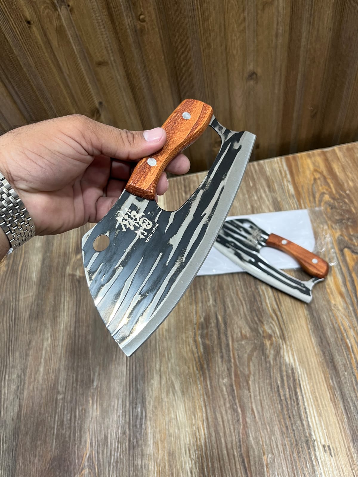 Yang Jiang Forged Damascus-Pattern Cleaver Knife Set (1 Pcs) - Wooden Handle