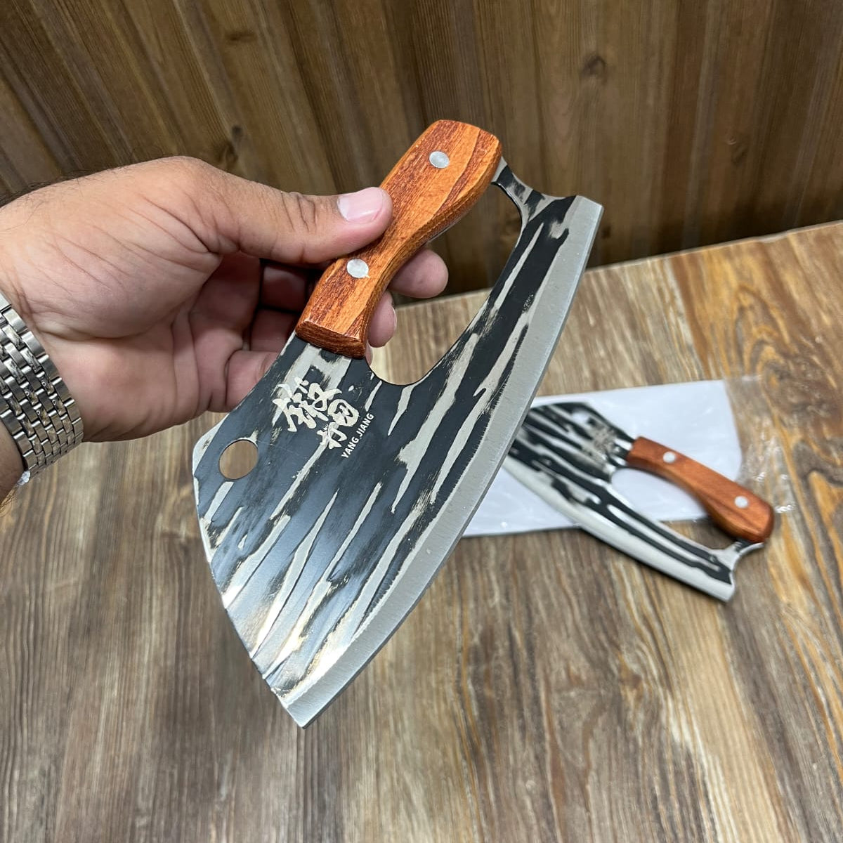 Yang Jiang Forged Damascus-Pattern Cleaver Knife Set (1 Pcs) - Wooden Handle