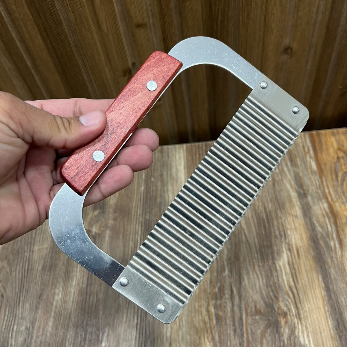 Loop-Frame Wavy Fries & Vegetable Cutter - Stainless Steel with Wooden Handle