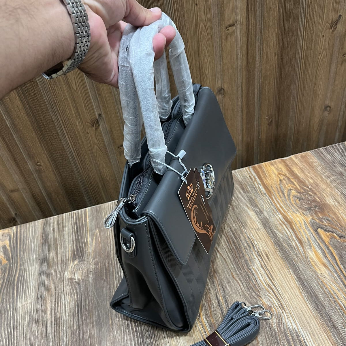 Dark Grey PU Leather Handbag for Women – Top Handle Bag with Silver Twist Lock and Detachable Shoulder Strap