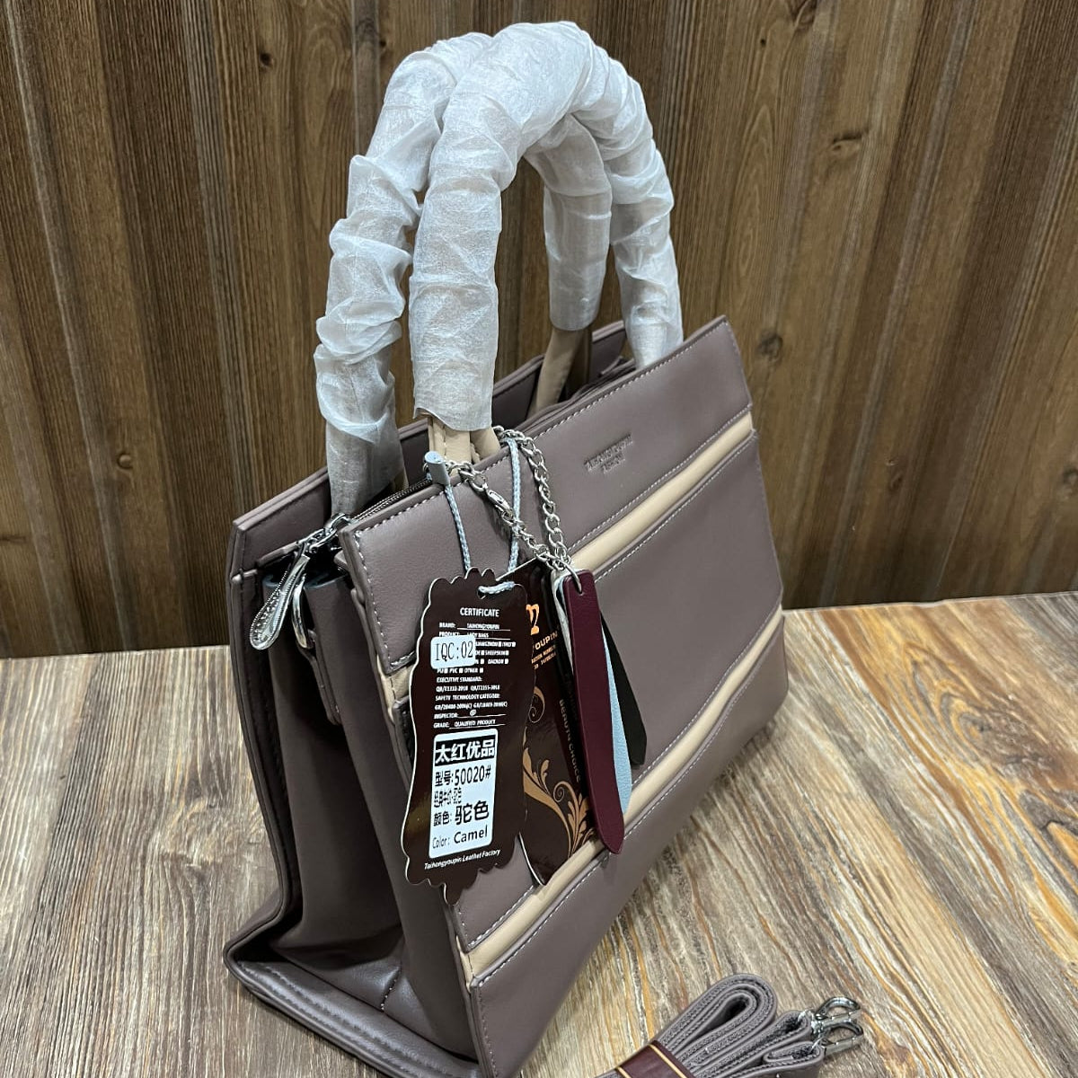 Women's Structured PU Leather Handbag with Cream Stripe Detail – Top Handle Bag with Detachable Shoulder Strap (Taupe, Dark Grey)