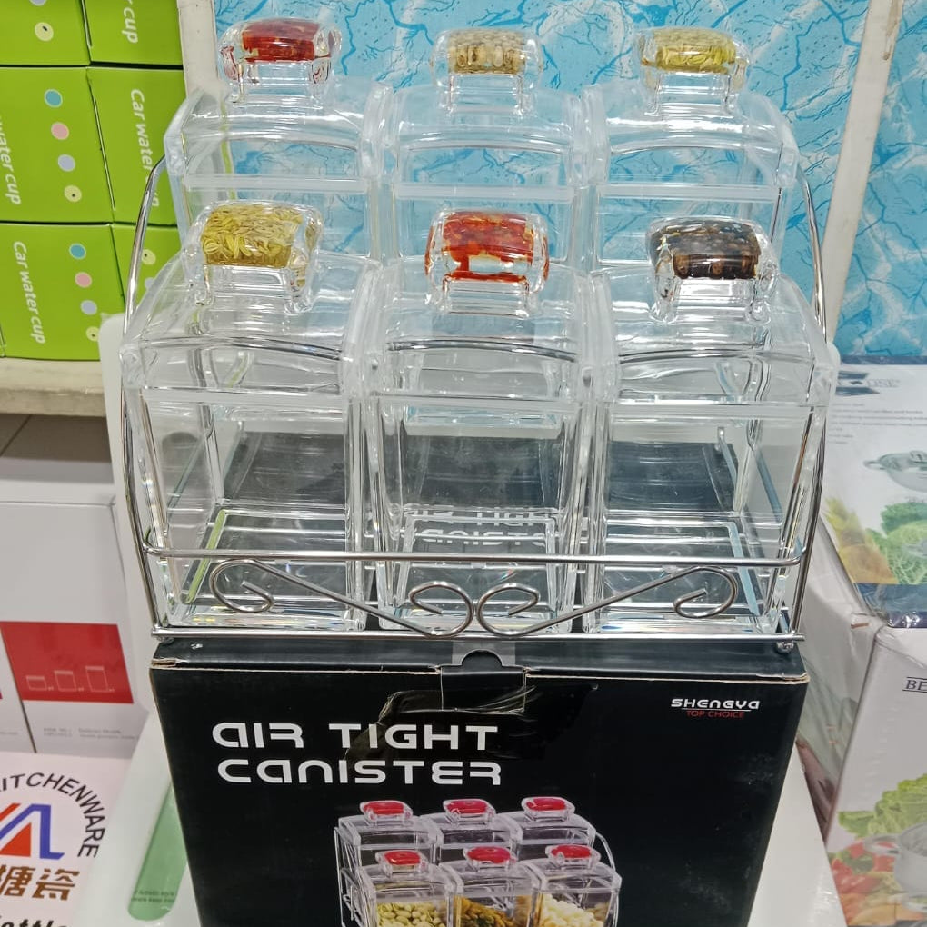 6 Pcs Acrylic Square Spice Jar Set with Air Tight Lid & 2-Tier Metal Stand – High Quality Imported