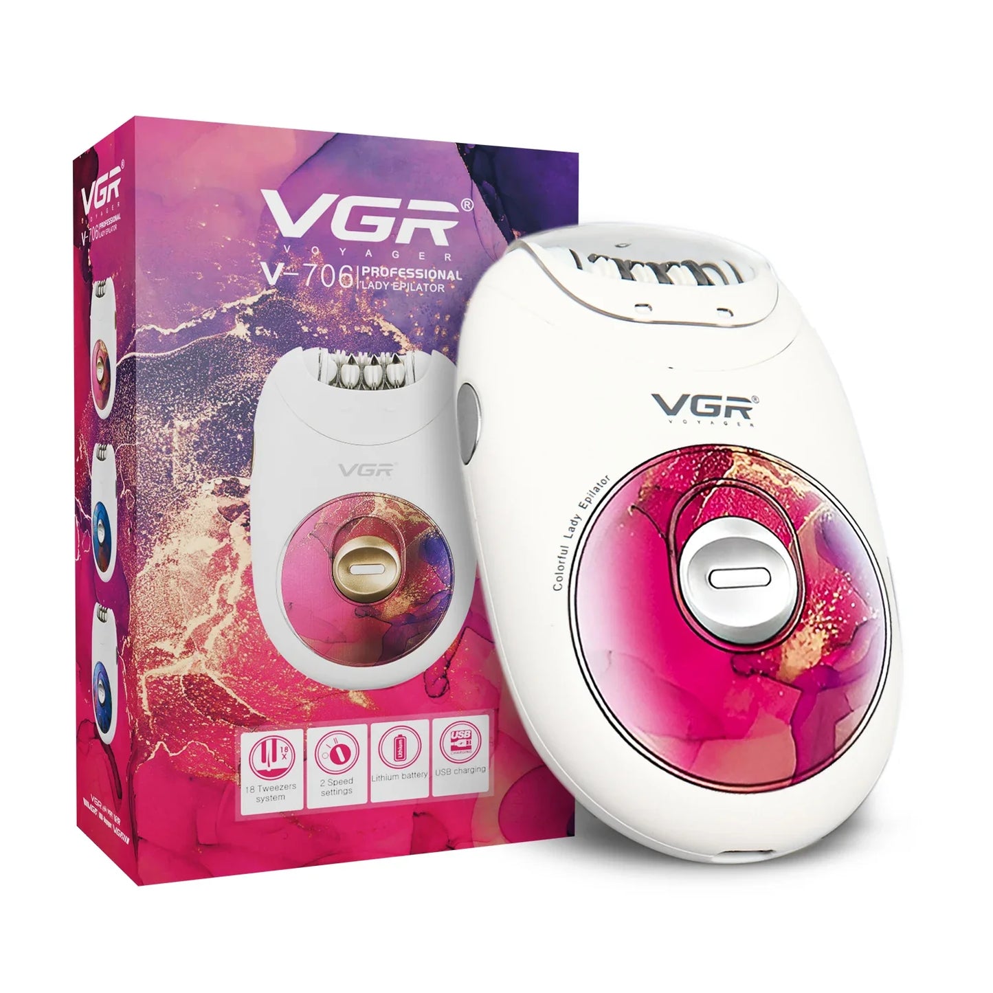 VGR, Hair Removal Machine Electric, Professional Rechargeable Lady Epilator.