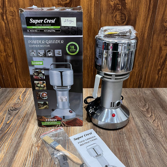 Super Crest 250g electric powder grinder with a stainless steel body