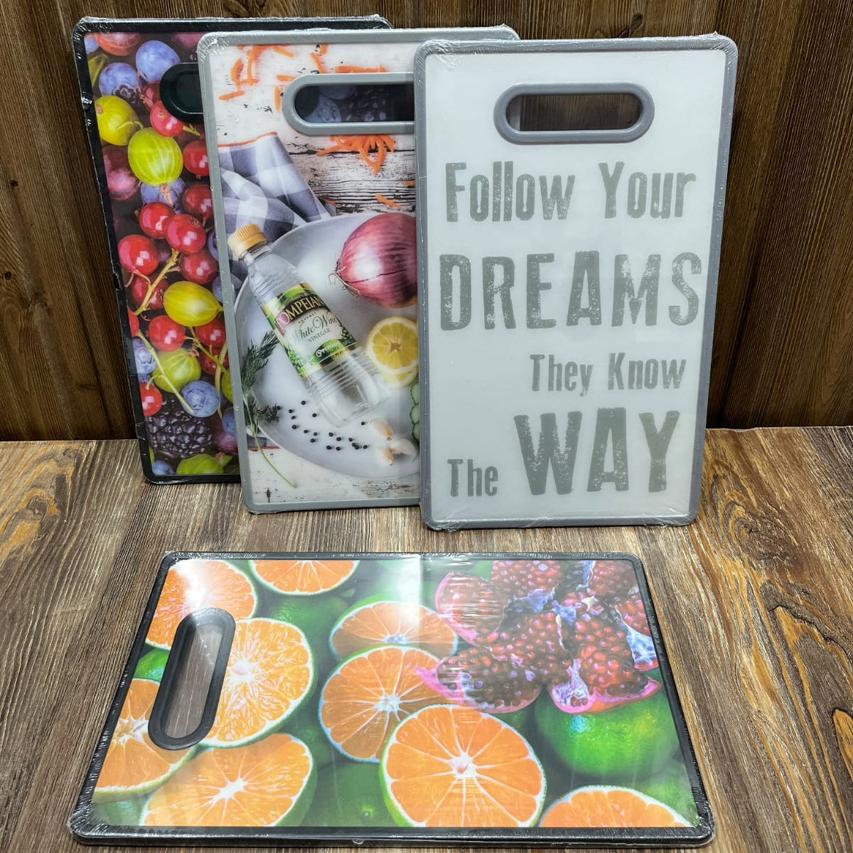 Imported Printed Cutting Board Set (4 Pcs) – 36x22cm Fruit & Quote Design