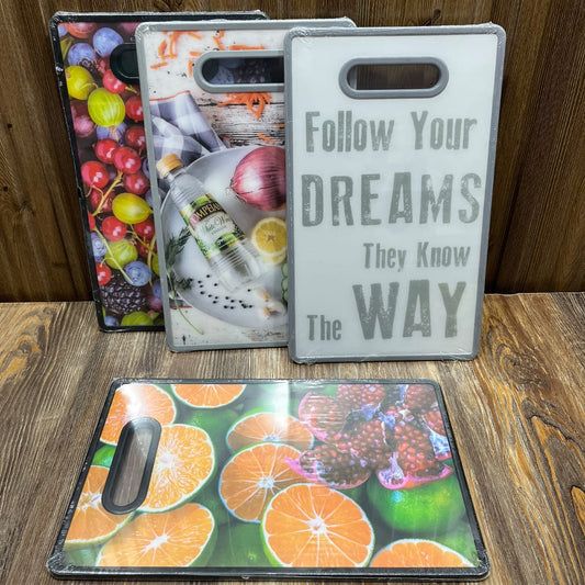 Imported Printed Cutting Board Set (4 Pcs) – 36x22cm Fruit & Quote Design