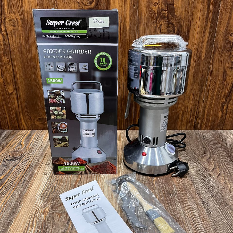 Super Crest 350g powder grinder featuring a 1500W copper motor and stainless steel