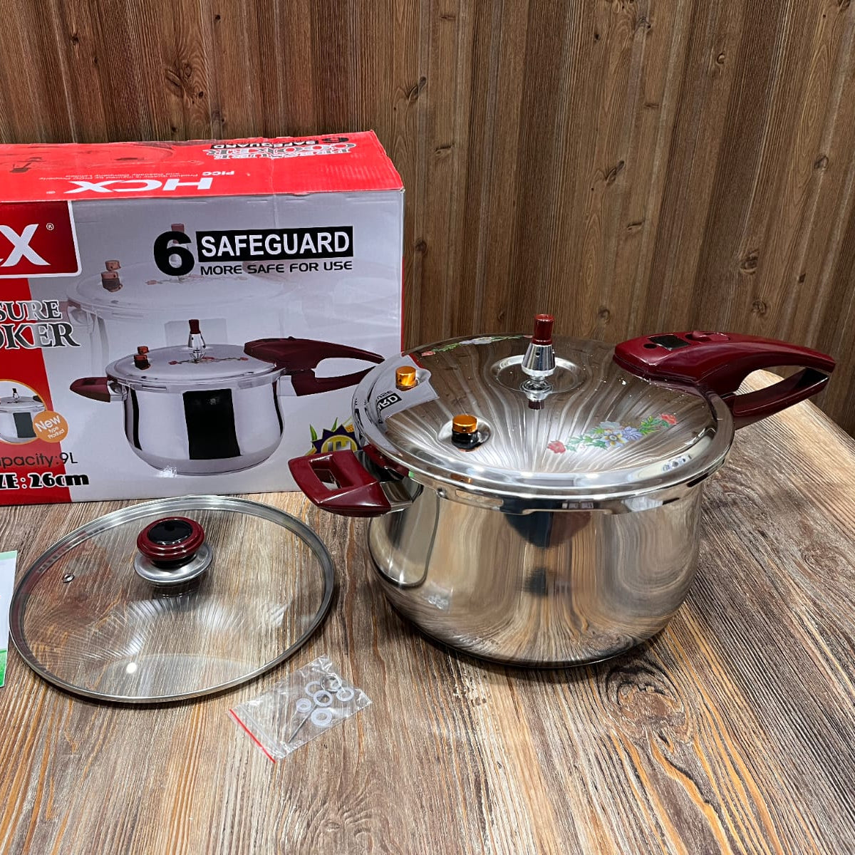 HCX 6-Safeguard Stainless Steel Pressure Cooker – 9L Imported, 26cm