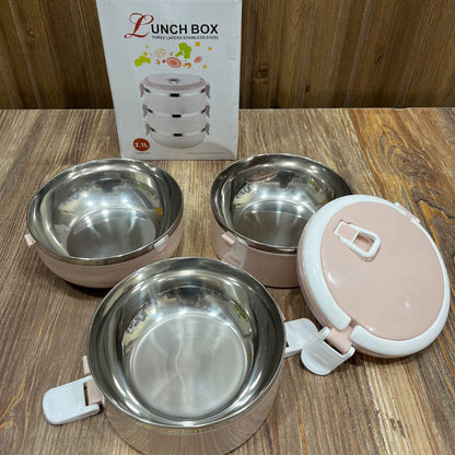 Three Layers Stainless Steel Lunch Box - 2.1L Capacity, Pink