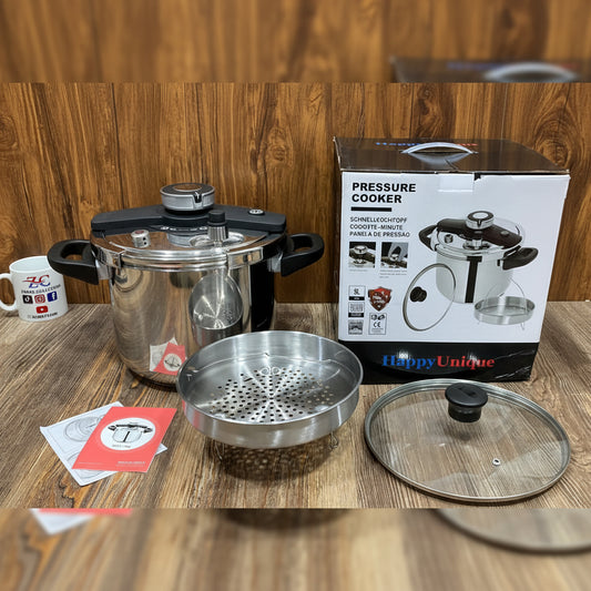 HappyUnique Stainless Steel Pressure Cooker – 9L Imported with Steamer Basket