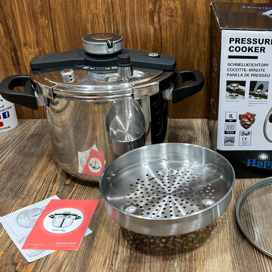 HappyUnique Stainless Steel Pressure Cooker – 9L Imported with Steamer Basket