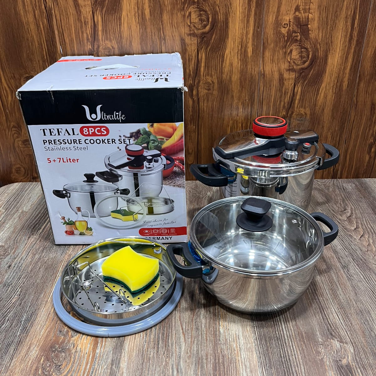 Tefal Ultralife 8-Piece Stainless Steel Pressure Cooker Set – 5L + 7L Imported