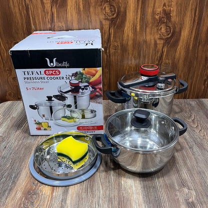 Tefal Ultralife 8-Piece Stainless Steel Pressure Cooker Set – 5L + 7L Imported