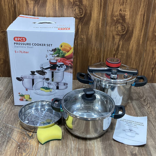 Premium 8-Piece Stainless Steel Pressure Cooker Set – 5L + 7L Imported