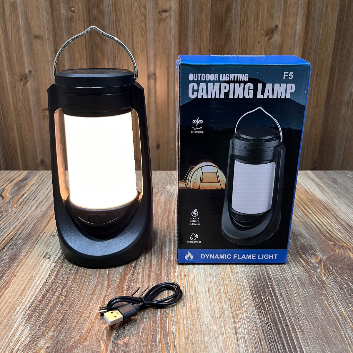 F5 Outdoor Camping Lantern – Rechargeable Dynamic Flame Light, Waterproof