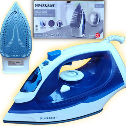SilverCrest steam iron, or similar, featuring a blue and white design with a ceramic soleplate.