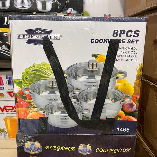 Berghome Line 8 Pcs Stainless Steel Cookware Set – Clear Glass Lids, Everyday Family Set