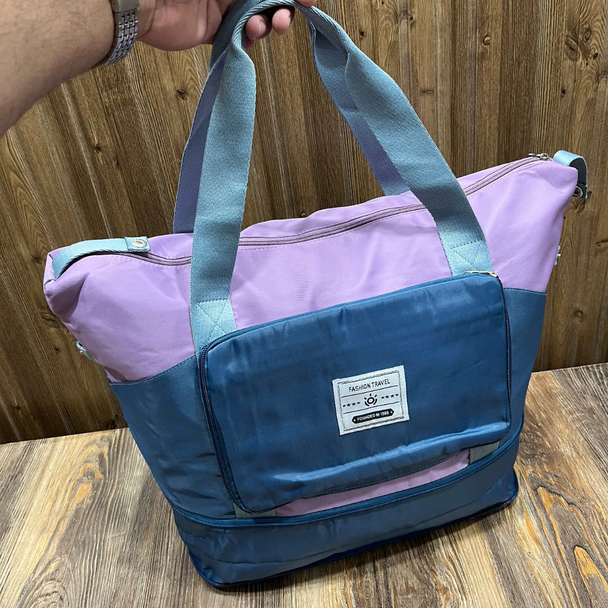 Fashion Travel Foldable Duffel Tote Bag – Purple & Blue Colorblock