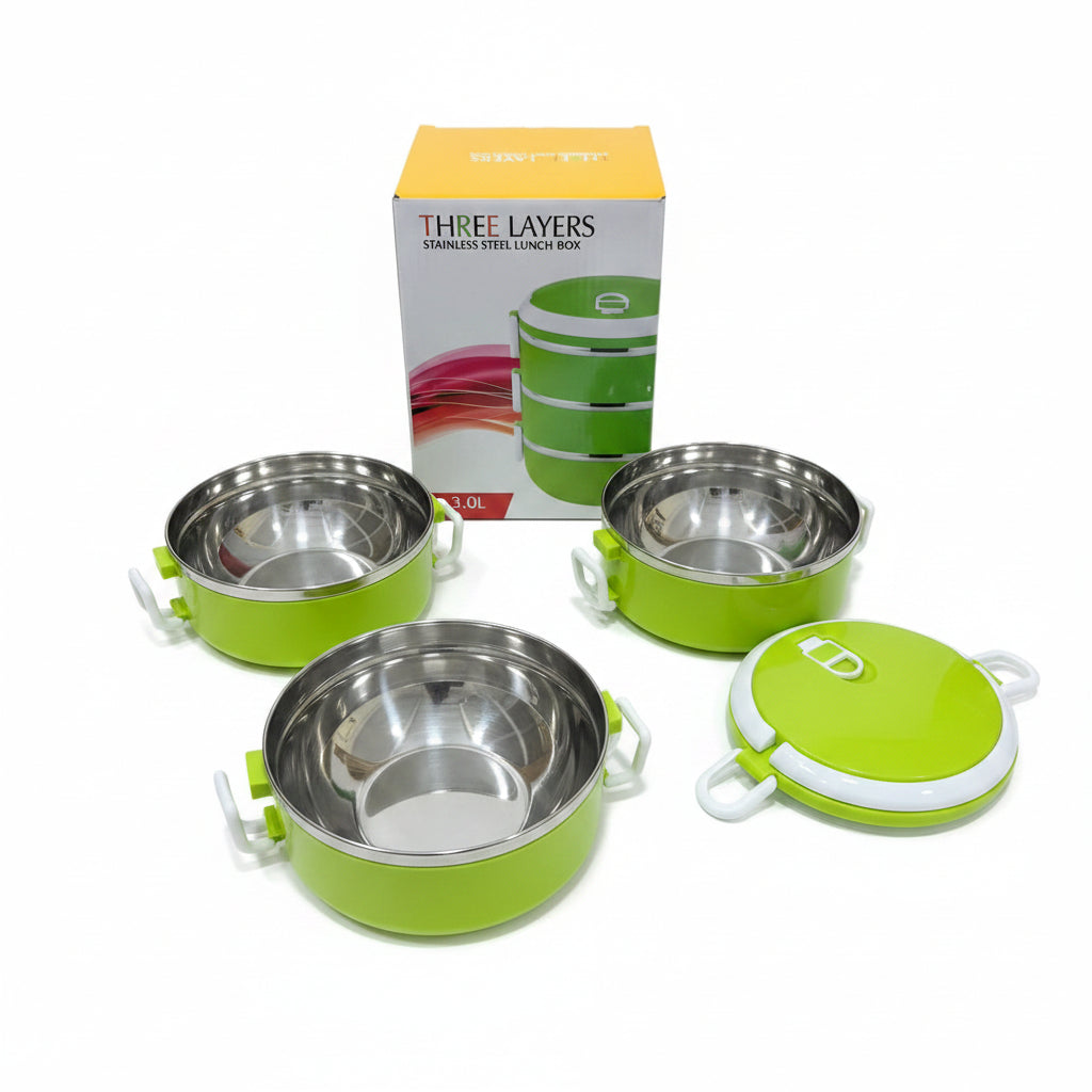 Three Layers Stainless Steel Lunch Box - 3.0L Capacity, Green