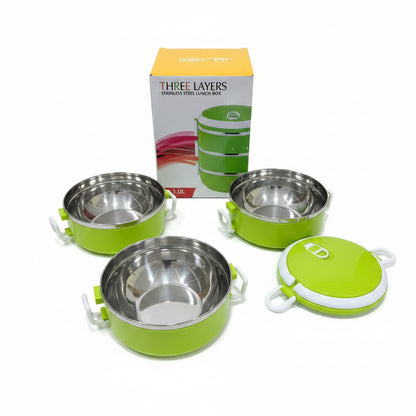 Three Layers Stainless Steel Lunch Box - 3.0L Capacity, Green