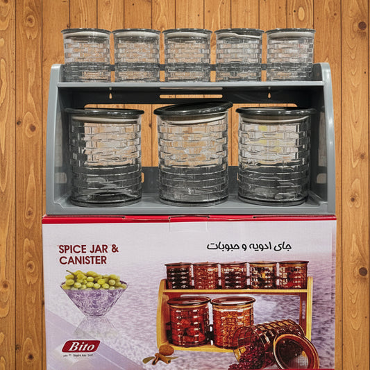 BITO SPICE JAR and Canister Set Round Shap Wall Mounted Stand 9 Pcs Set Round