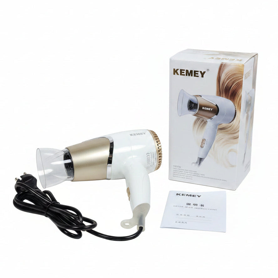 Kemey  Foldable Hair Dryer 1800W (White & Gold)