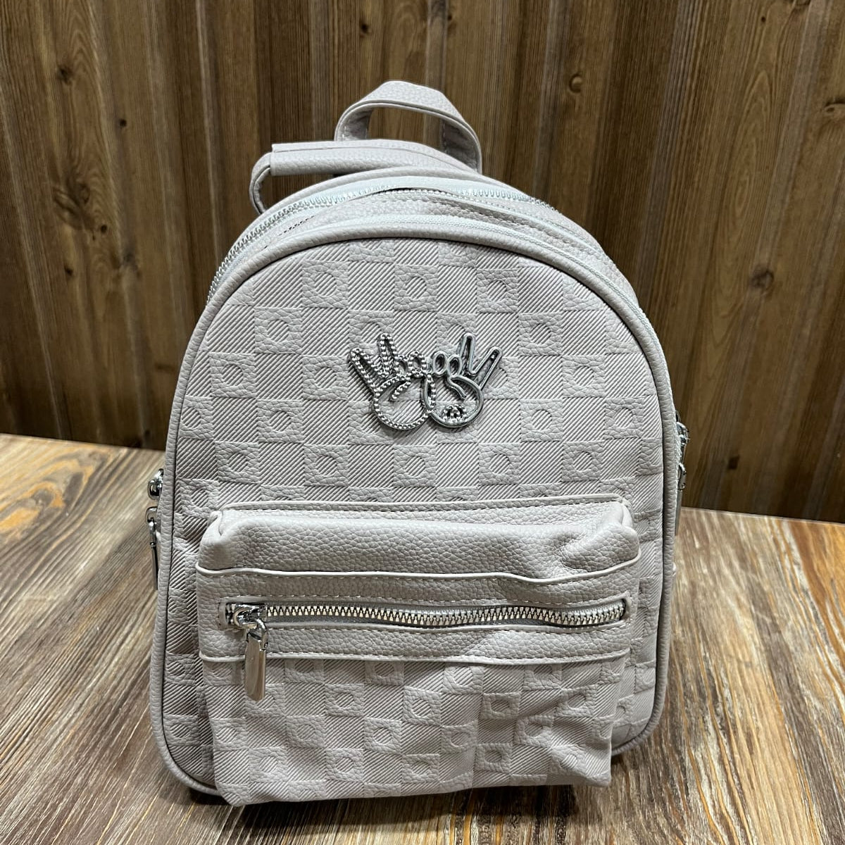 Light Grey Mini Backpack for Girls – Embossed PU Leather Small Backpack with Silver Zips