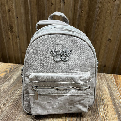 Light Grey Mini Backpack for Girls – Embossed PU Leather Small Backpack with Silver Zips