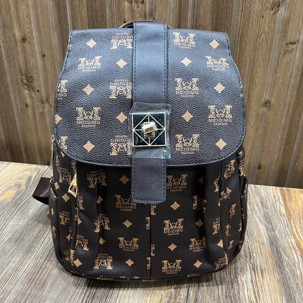 Monogram Print Mini Backpack – Elegant Faux Leather Bag with Buckle Flap