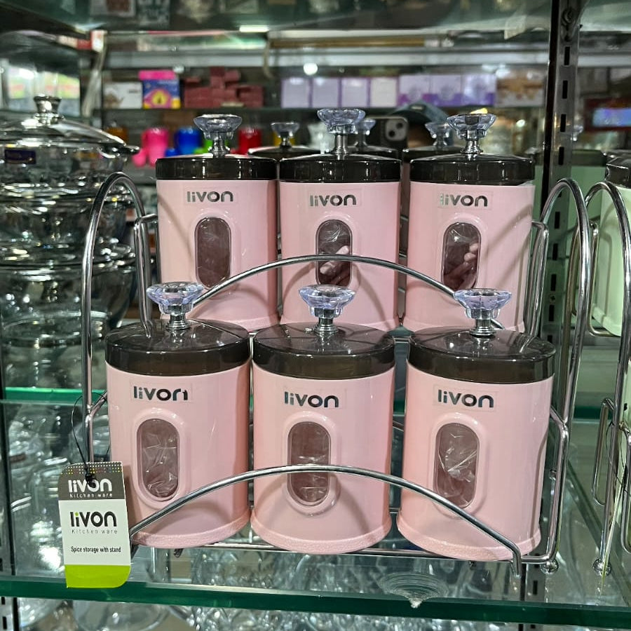Livon Spice Storage Jar Set with Stand – 6 Round Canisters (Pink)