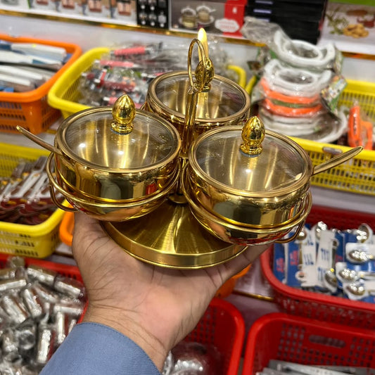 Luxury Gold 3-Jar Condiment & Jam Set with Rotating Stand and Spoons