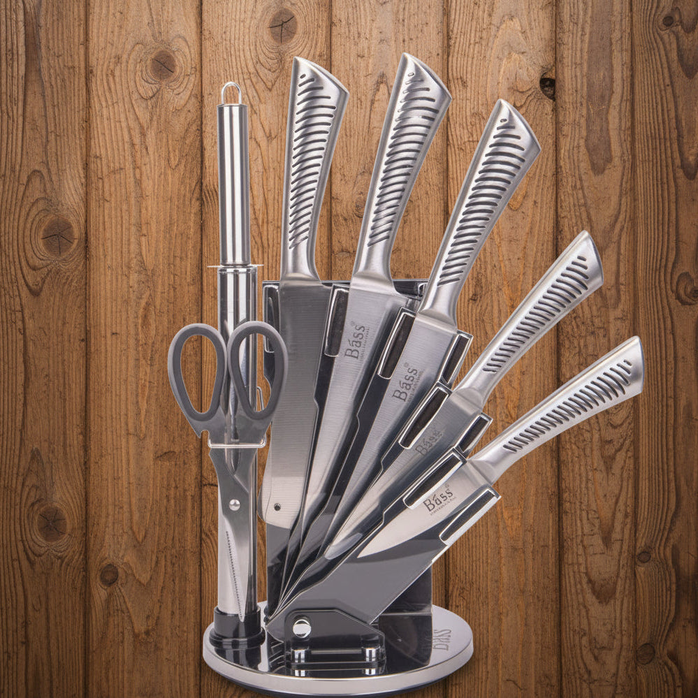 BASS  Stainless Steel Knife Set with Stand – 8 Pcs Kitchen Essentials